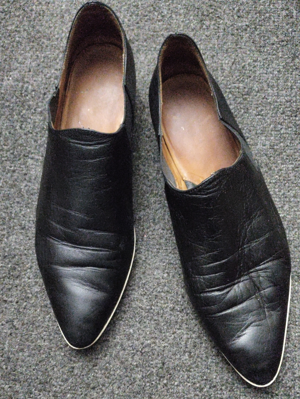 John Fluevog Black Pointed Leather Slip-On Loafers